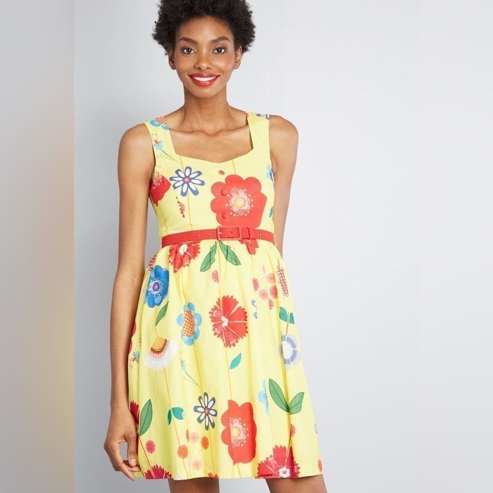ModClothYellow Sleeveless Cotton Midi Sundress with Multicolour Floral Pattern